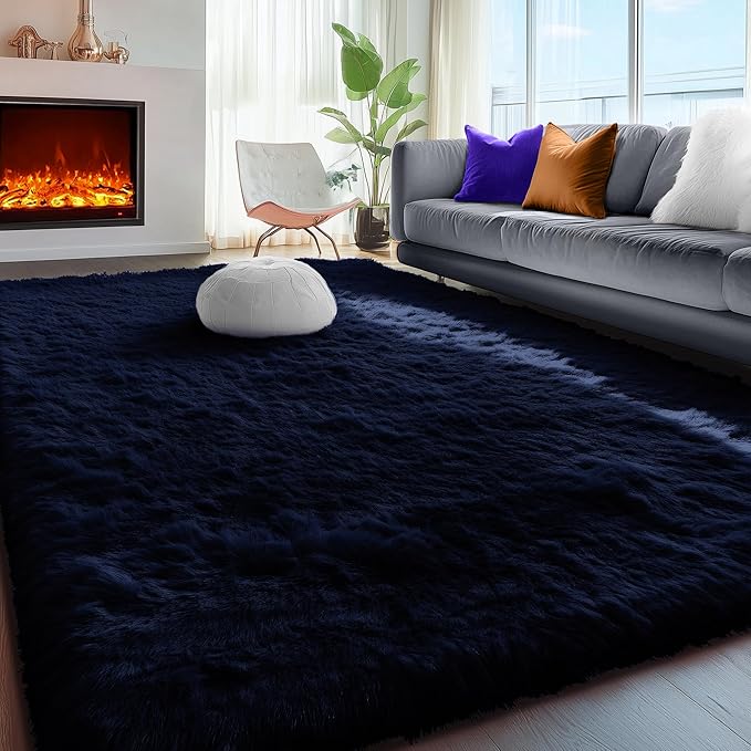 PAGISOFE Navy Blue Rug 4x6, Fluffy Dark Blue Rugs for Bedroom, Modern Indoor Carpets for Living Room, Non-Slip Carpet for Kids Boys Girls Teen Dorm Nursery Room Decor, Super Soft Bedside Rugs Blue