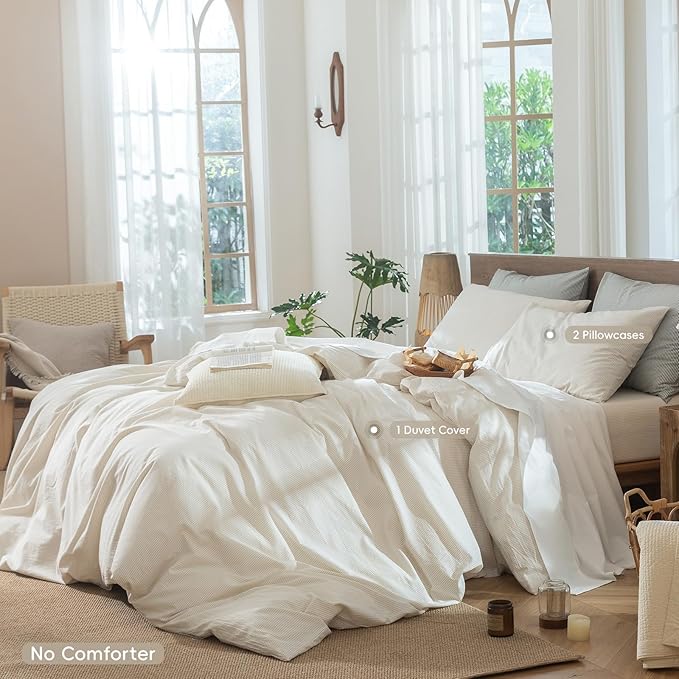 MooMee Striped Duvet Cover Set 100% Washed Cotton Linen Like Textured Breathable Durable Soft Comfy (Almond Milk Grey Pinstripes, Oversized Full 82"x86")
