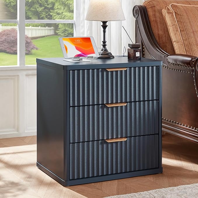 LEYAOYAO Fluted Nightstand Set of 2 with Charging Station,23" Modern Nightstand with Woodgrain Top, 3 Drawer End Table w/Storage, BedsideTables for Bedroom, Living Room, Curved Profile,Blue