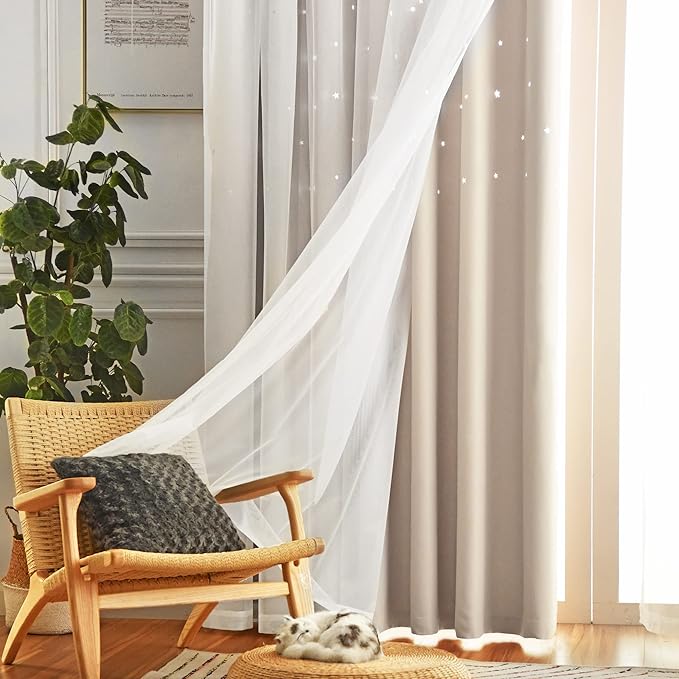 Stars Curtains Double Layer Curtains Blackout Curtains for Bedroom Kids Curtains Cute Curtains Kids Blackout Curtains, Curtains 72 Inches Long 2 Panels Set, Beige Curtains, 52 X 72 Inches