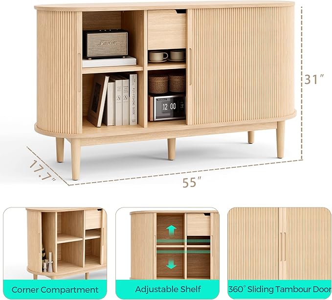 LINSY HOME Sideboard Buffet Cabinet with Storage, 55" Fluted Coffee Bar Cabinet with Tambour Sliding Doors and Drawer, Mid Century Modern Wood Storage Buffet Table for Kitchen, Living Room, Oak