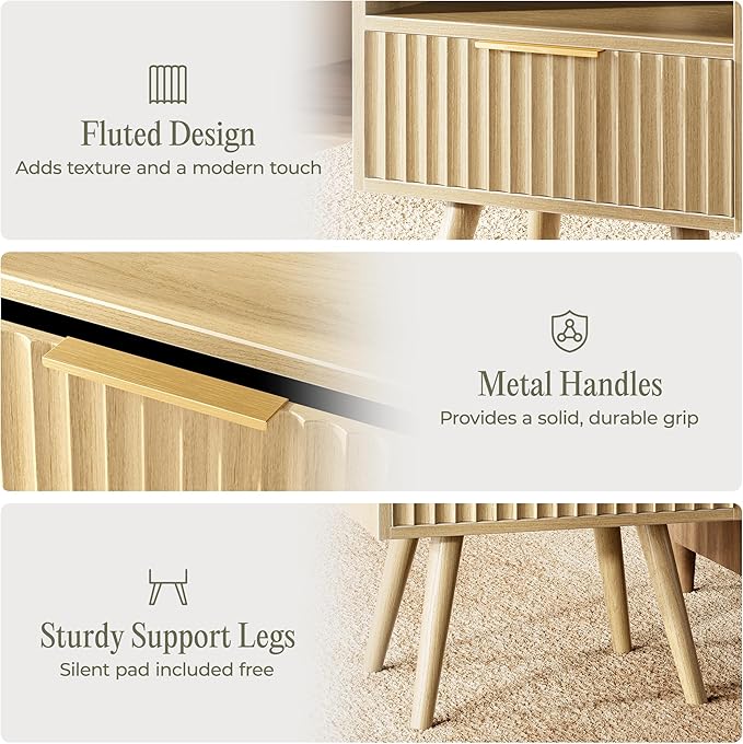 Huuger Nightstand with Charging Station, USB-C Port, Fluted Night Stand with Drawer, Bed Side Table with Solid Wood Feet, Open Storage, End Table with Raised Edge, for Bedroom, Natural