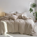 MooMee Striped Duvet Cover Set 100% Washed Cotton Linen Like Textured Breathable Durable Soft Comfy (Tannish Linen Grey White Wide Stripes, Alaska King 132"x120")