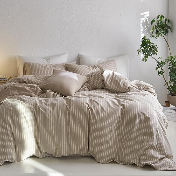 MooMee Striped Duvet Cover Set 100% Washed Cotton Linen Like Textured Breathable Durable Soft Comfy (Tannish Linen Grey White Wide Stripes, Cal King 104"x98")