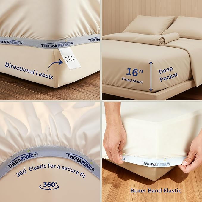 Therapedic 1000TC King 6-Piece Sheet Set - 100% Organic Rayon Derived from Bamboo Blend with Cooling Fiber, Ideal for Hot Sleepers - 16" Deep Pocket Fitted Sheet, Bonus Pillowcases - White