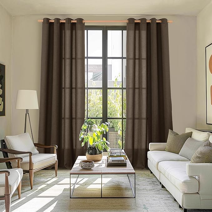 YoungsTex Dark Brown Linen Curtains 84 Inch Length 2 Panels for Living Room, Light Filtering Drapes Semi Sheer Chocolate Window Treatments with Bronze Grommet for Bedroom, 52 x 84 Inch