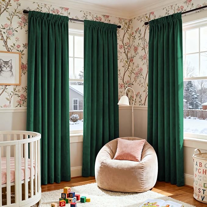 Lazzzy Velvet Blackout Curtains Thermal Insulated Room Window Drapes Super Soft Luxury Curtains for Living Room Bedroom Rod Pocket 2 Panels, Emerald Green, 52" W x 84" L