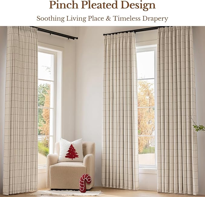 Linen Plaid Blackout Curtains Gingham Double Layer for Living Room,Bedroom,Dining Room 108 Inches Long 2 Panels Set Luxury and Modern Printed Design Darkening Pinch Pleated