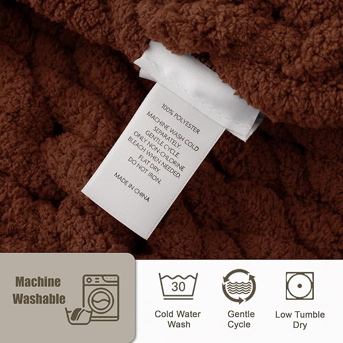 Chunky Knit Throw Blanket 60"X 80", 100% Handmade with Soft Chenille Yarn, 6.7lbs Thick Cable Knitted Blankets, Large Rope Knot Crochet Throws for Couch Sofa Bed Home Decor, Dark Brown
