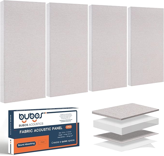BUBOS 4 PCS Fabric Acoustic Panels,23.6''x11.8''x2'' Sound Proof Panels for Walls,Self-adhesive Soundproof Wall Panels for Echo Absorption for Home Studio Office,Standard CavityPro Linen