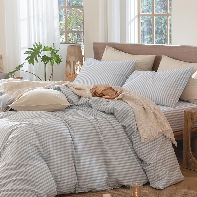 MooMee Striped Duvet Cover Set 100% Washed Cotton Linen Like Textured Breathable Durable Soft Comfy (Cornflower Blue White Classic Stripes, Super King Plus 120"x120")
