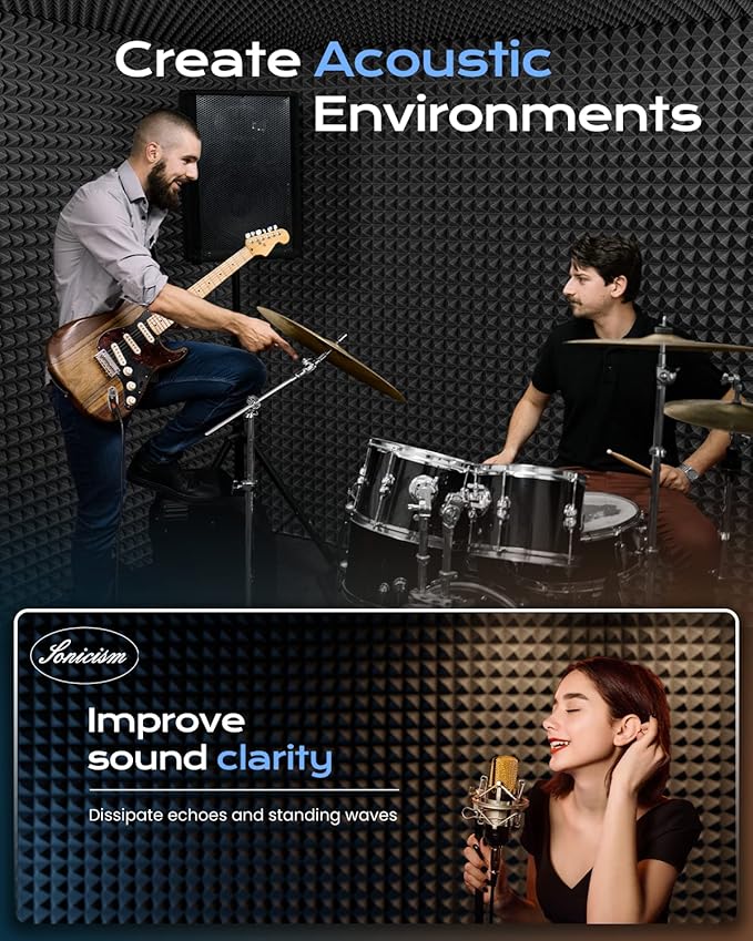 Sonicism Sound Proof Foam Panels for Walls Upgrade Self-Adhesive 16 Pack Pyramid 3"X12"X12" Acoustic Panels 35kg/m³High Density,Soundproof Wall Panels Fast Expand,Sound Absorption and Decoration,Black