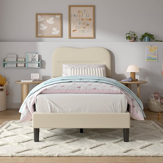 Twin Bed Frames with Headboard, Upholstered Bed Frame Twin, Teddy Soft Boucle Fabric Twin Size bedframes, Soft Cloud Marshmallow Shape Upholstered Headboard, No Box Spring Needed, Noise Free (Beige)