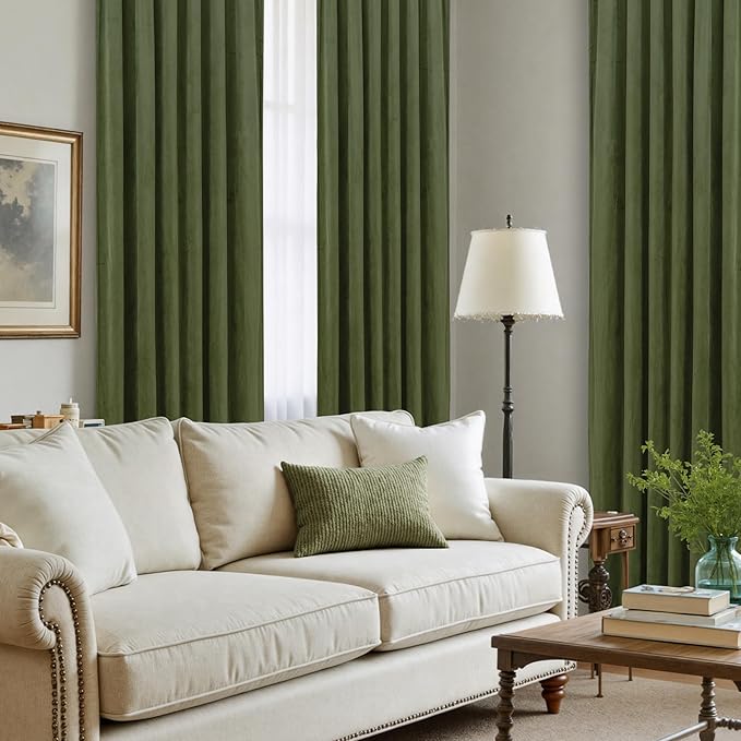 LAMIT Sage Green Velvet Curtains 108 Inches Long for Living Room, Luxury Thermal Insulated Blackout Panels Back Tab and Rod Pocket Room Darkening Drapes for Bedroom, 2 Panels, 52 x 108 Inch