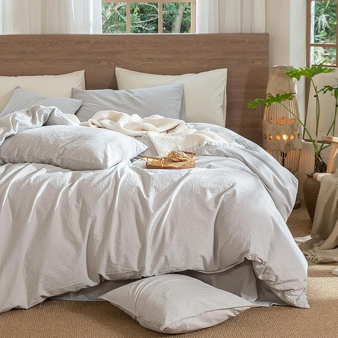 MooMee Wavy Striped Duvet Cover Set 100% Washed Cotton Linen Like Textured Breathable Durable Soft Comfy (Light Grey, Oversized Queen 98"x98")