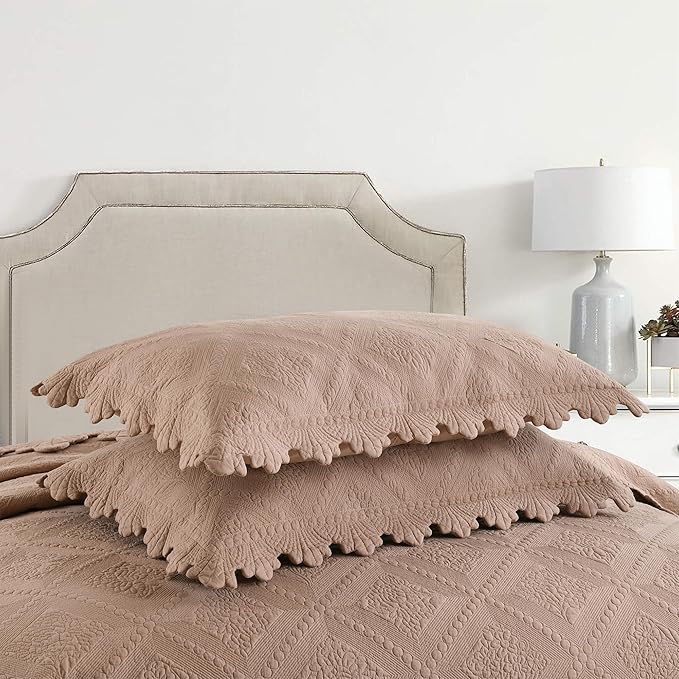 MarCielo 3-Piece 100% Cotton Oversized Bedspread Lightweight Quilt Coverlet Embroidery Farmhouse Bedding Set (TK Pale Taupe Camel, Oversized Queen (100"x106"))