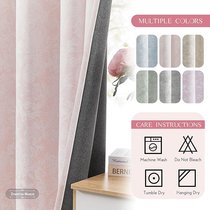 Beauoop Pink Floral Jacquard Blackout Curtains 90 Inches Long 2 Panels for Bedroom Living Room Chenille Flower Room Darkening Thermal Insulated Soundproof Grommet Window Treatments Drapes, 52x90