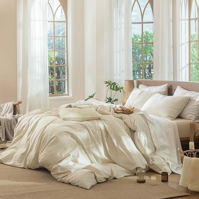MooMee Striped Duvet Cover Set 100% Washed Cotton Linen Like Textured Breathable Durable Soft Comfy (Almond Milk Grey White Wide Stripes, King 104"x90")