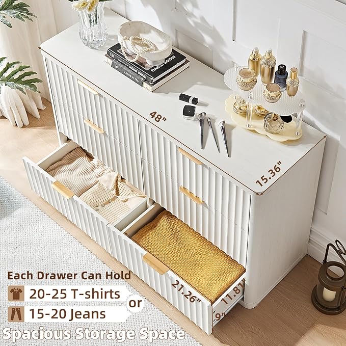 LEYAOYAO 48" Wide Fluted Dresser and 1 Drawers 23" Nightstand Set of 2, Wooden Dresser & Night Stand with Charging Station, 3 Piece Bedroom Furniture Set, Chest of Drawer for Living Room,Antique White
