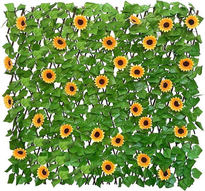 GLANT Expandable Fence Privacy Screen for Balcony Patio Outdoor,Decorative Faux Ivy Fencing Panel,Artificial Hedges (Single Sided Leaves) (4, Sunflowers)