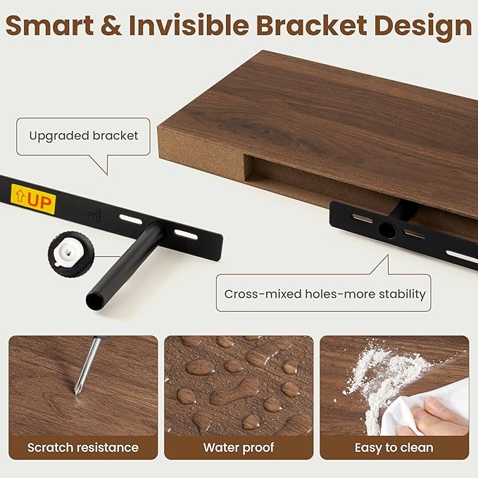 36 Inch Floating Shelves for Wall, 8 Inch Deep Floating Shelf for Storage & Display, Rustic Wall Mounted Shelf with Invisible Brackets for Living Room, Kitchen, Bathroom, Home Decor, Set of 2, Walnut