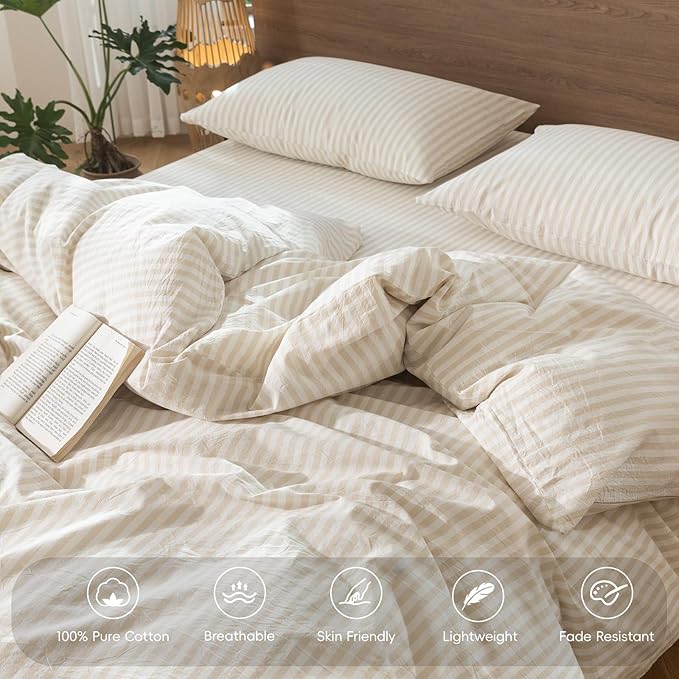 MooMee Striped Duvet Cover Set 100% Washed Cotton Linen Like Textured Breathable Durable Soft Comfy (Almond Milk Grey Classic Stripes, Oversized Full 82"x86")