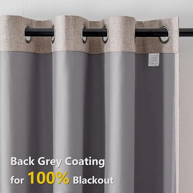 100% Blackout Linen Curtains for Bedroom 84 Inches Long, Black Out Thermal Insulated Grommet Curtains 2 Panels Set,Sun Blocking Privacy Drapes Living Room Nursery (52W × 84L inch, Beige)