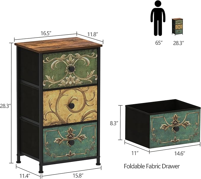 Tohomeor Small Dresser for Bedroom with Retro Flower Narrow Drawers Slim Chest of Drawers Skinny Nightstand Sofa End Table for Living Room Entryway Closet Storage (Multi, 3 Drawers)