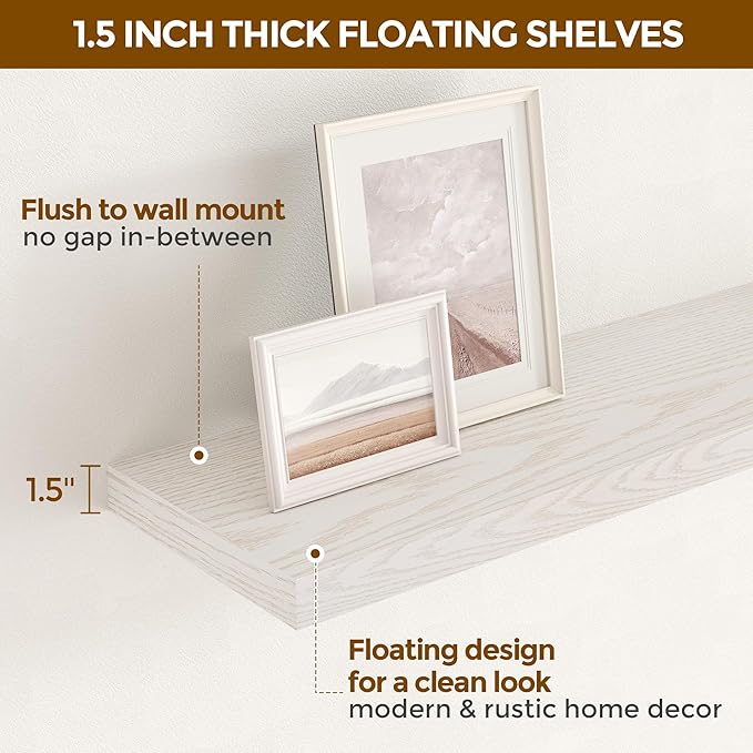 Fun Memories Farmhouse Floating Shelves for Wall, 48 x 9.3 Large Floating Shelf Wall Mounted, Rustic Wood Shelves for Bathroom, Kitchen, Living, Heavy-Duty Storage Deep Shelf for Books, Decor, Brich