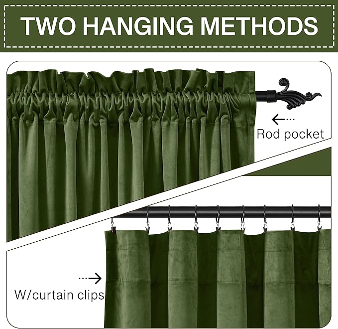 StangH Luxury Moss Green Velvet Curtains for Bedroom, 62 inches Wide Room Darkening Noise Reducing Sliding Door Panels for Dining Room/Office/Apartment, W62 x L84, 2 Panels