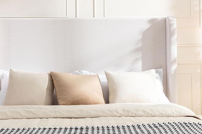King Size Upholstered Bed Frame, Harper 54" Tall Headboard Platform Beds, Wingback Headboard Bedframes/No Box Spring Needed/Easy Assembly/Elegant Simplicit, Ivory Chenille