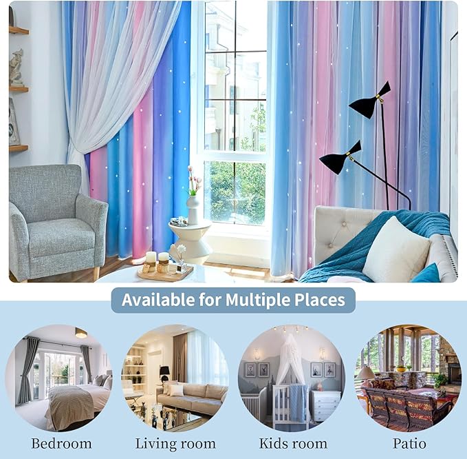 Star Blackout Curtains for Bedroom - Rainbow, 96 Inches Long, 2 Panels - Blue, Purple & Pink