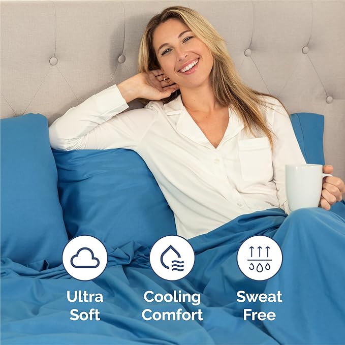 Full 6 Piece Sheet Set - Cooling, Comfy & Breathable - Hotel Luxury Bedding, Includes Fitted Sheet for Women, Men, Kids & Teens - 1 Flat, 1 Fitted Sheet, 4 Pillowcases with Deep Pockets - Denim Blue