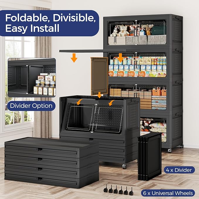 200GAL Storage Bins with Lid and Wheels, Stackable Closet Organizers and Storage Drawer, Collapsible Storage Box with Dividers, Foldable Plastic Cabinets for Room, Kitchen, 4 Pack Black