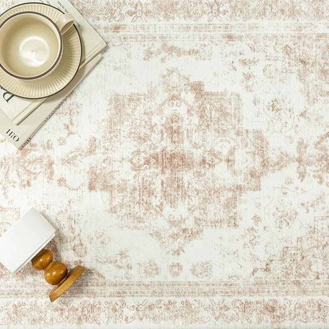 Area Rug 10x12 Cream Washable Living Room Beige Carpet Non Slip Vintage Medallion Indoor Bedroom Beige Carpet Low Pile Soft Retro Distressed Large Rug Home Office Dining Room Playroom