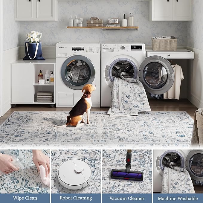 jinchan Lima 2x3 Entryway Washable Rug - Non-Slip Indoor Distressed Doormat Small Rug Low Pile Ultra-Thin Accent Floral Print Indoor Mat for Entrance Kitchen Bathroom Bedroom (2x3ft, Blue)