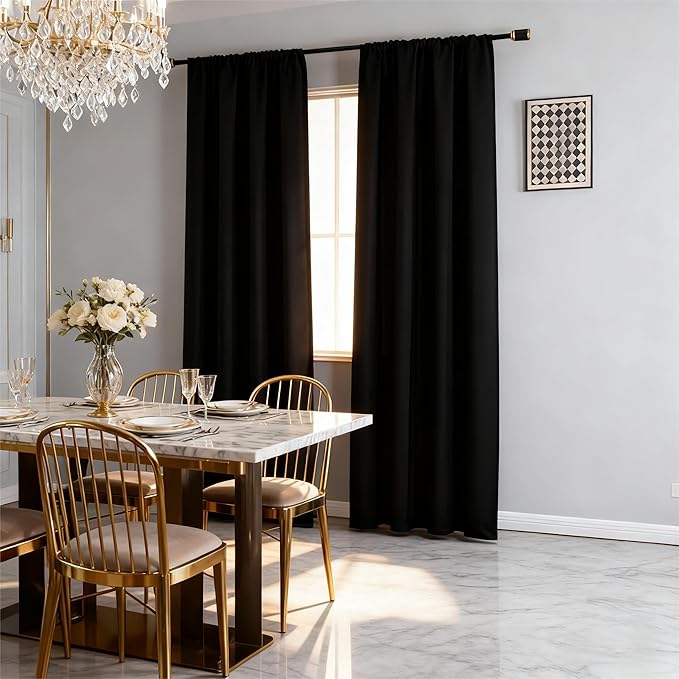 Black Blackout Curtains 108 Inch Length 2 Panels Set, Black Out Curtains for Bedroom 108 Inch Long, Rod Pocket Energy Saving Room Darkening Drapes for Living Room Window(W52 x L108)