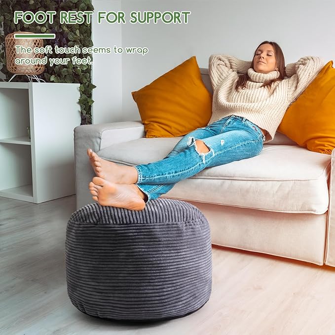 HIGOGOGO Round Stuffed Pouf Ottoman, Corduroy Poufs with Foam Chunk Filling, Furry and Fluffy Pouf Foot Stool Storage Ottoman, 20 X 15 Floor Poufs Foot Rest for Living Room, Dark Grey