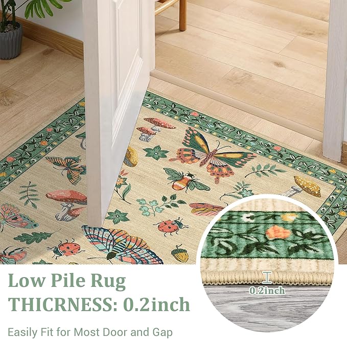 Mushroom Washable Area Rug 6x9 Rugs for Living Room Soft Low-Pile Stain Resistant Thin Carpet for Bedroom Dining Nursery Non Slip Mat with Rubber Khaki Green