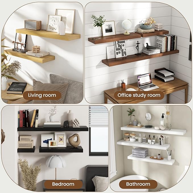55 Inch Floating Shelves for Wall, 8 Inch Deep Floating Shelf for Storage & Display, Rustic Wall Mounted Shelf with Invisible Brackets for Living Room, Kitchen, Bathroom, Home Decor, Set of 2, Black
