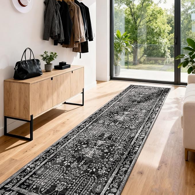2x3 Washable Area Rug for Entryway：Soft Traditional Printed Area Rug Non-Slip Kitchen Rugs Low-Pile Medallion Indoor Door Mat Small Farmhouse Carpet for Entrance Foyer Bedside Black White 2x3