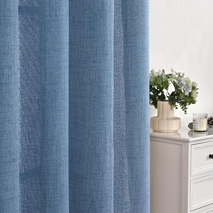 YoungsTex Denim Blue Linen Kitchen Window Curtains 40 Inches Long, Semi Sheer Short Drapes with Bronze Grommet Privacy Light Filtering for Bathroom Cafe Windows, 42 x 40 Inch, 2 Panels