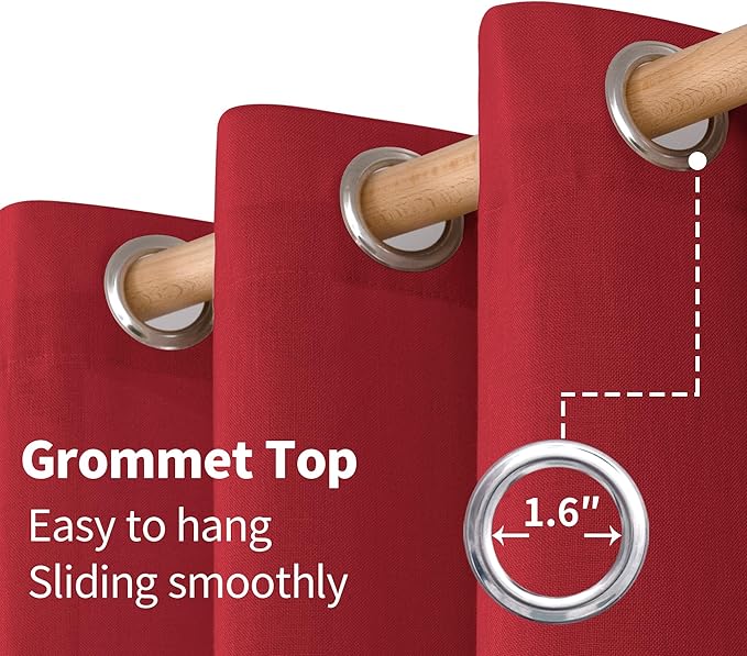 YoungsTex Red Linen Semi Sheer Curtains 48 Inch Length for Living Room Window, Light Filtering Drapes Privacy with Grommet Christmas Decor for Kitchen Bathroom Window, 2 Panels, 42 X 48 Inch