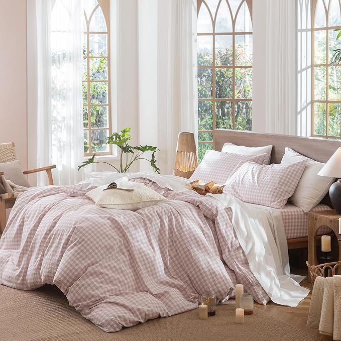 MooMee Gingham Duvet Cover Set 100% Washed Cotton Linen Like Textured Breathable Durable Soft Comfy Modern Checkered Design (Classic Gingham Greyish Pink, King 104"x90")