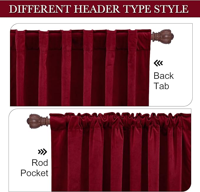 RYB HOME Red Velvet Curtains 100 inches, Back Tab Soft Fabric Room Darkening Thermal Insulated Luxurious Home Decor Curtains for Living Room Bedroom, W 52" x L 100", 2 Panels Set