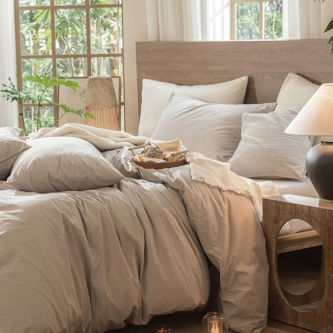 MooMee Wavy Striped Duvet Cover Set 100% Washed Cotton Linen Like Textured Breathable Durable Soft Comfy (Beige, Oversized King Plus 128"x120")