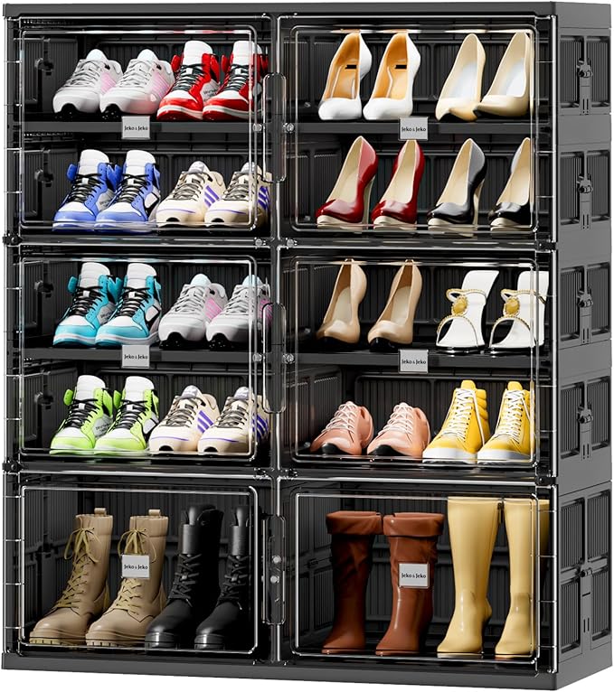 JEKO&JEKO 5 Tiers Foldable Boot Storage Shoe Rack Cabinet for Closet Entryway, Large Collapsible Shoe Organizer with Magnetic Doors (Black)