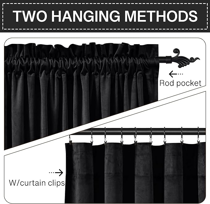 StangH Black Blackout Curtains Velvet Curtains 84 Inches Living Room Thermal Insualted Window Drapes for Halloween/Theater/Studio Room/Bedroom, W52 x L84 inches, Set of 2