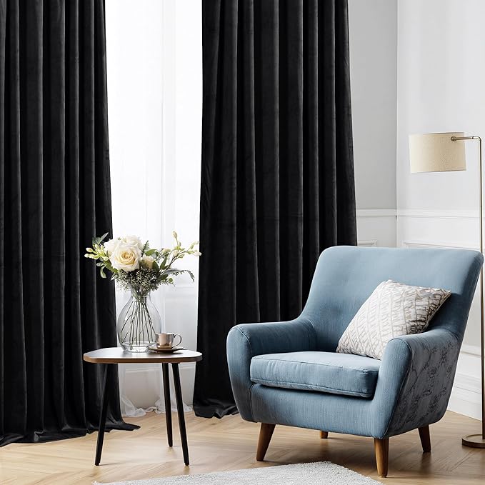 StangH Black Blackout Curtains Velvet Curtains 84 Inches Living Room Thermal Insualted Window Drapes for Halloween/Theater/Studio Room/Bedroom, W52 x L84 inches, Set of 2