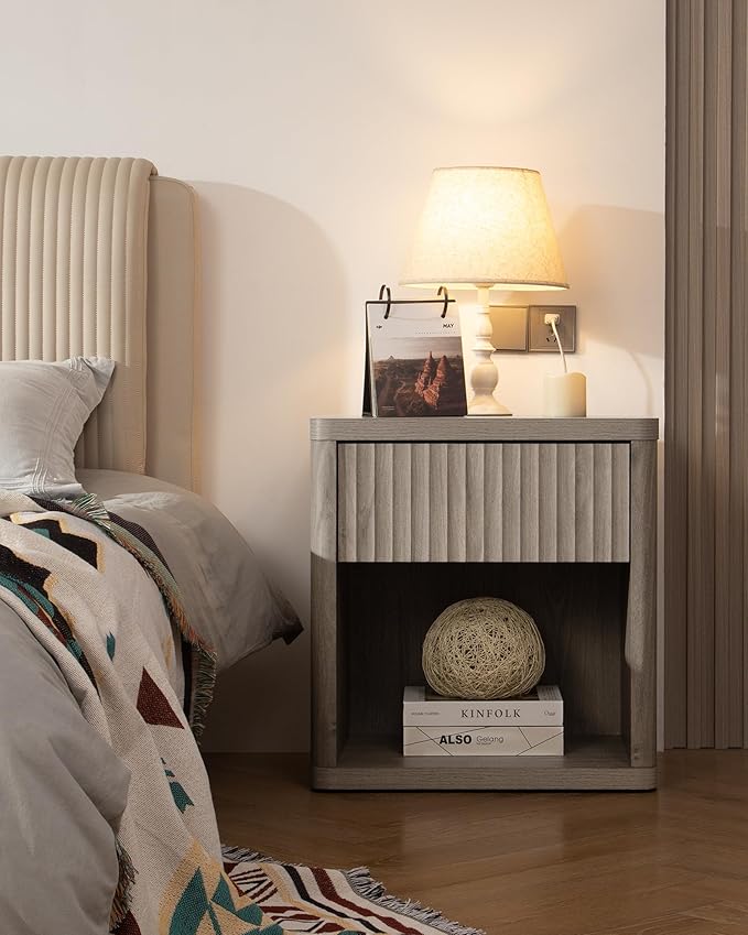 SICOTAS Night Stand Nightstand with Drawer Storage Fluted Bed Side Table End Table Large Modern Wide Bedside Stand Mid Century Night Stands for Bedroom Living Room Sofa Couch Home Office, Grey Alder